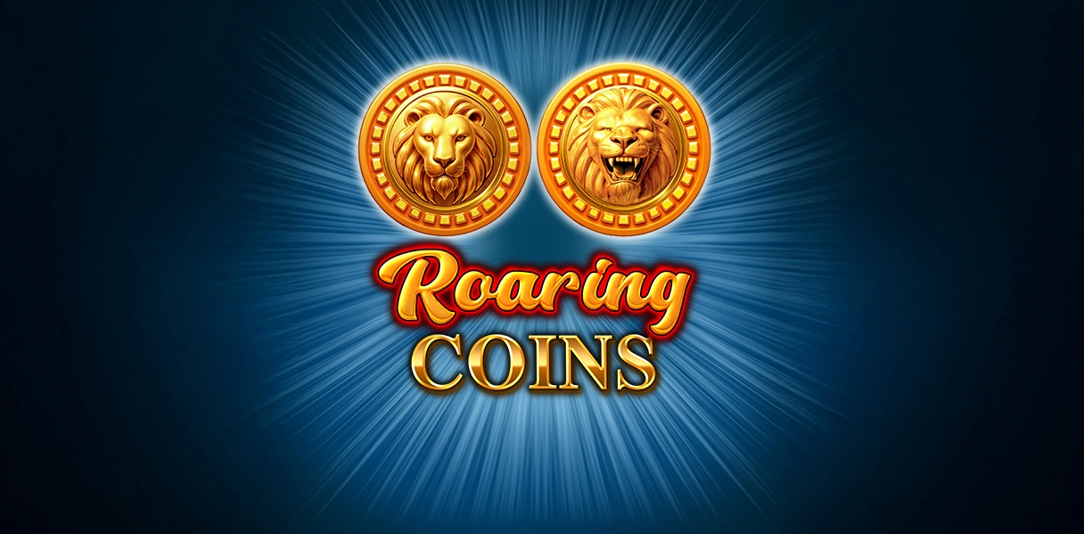 Roaring Coins logo with two golden lion collector coins